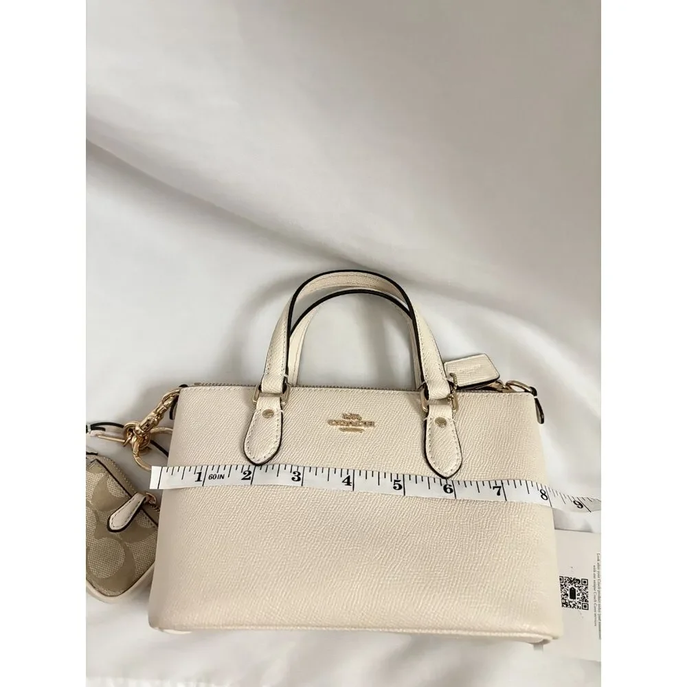 Coach Mini Gallery Bag Crossgrain Leather Chalk White with Pouch Charm and Strap